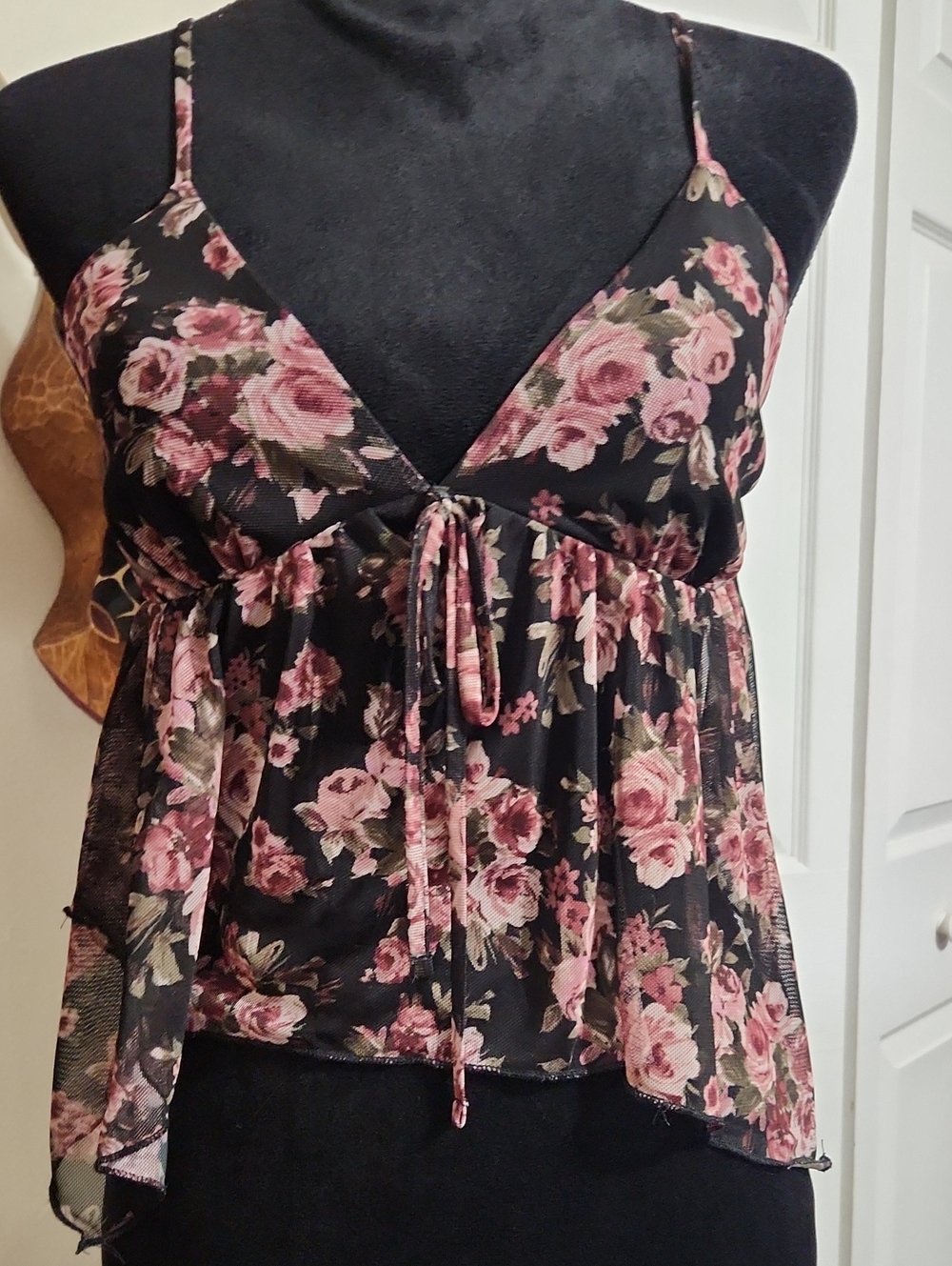 Full Tilt Black Mesh Floral Camisole with Pink Roses